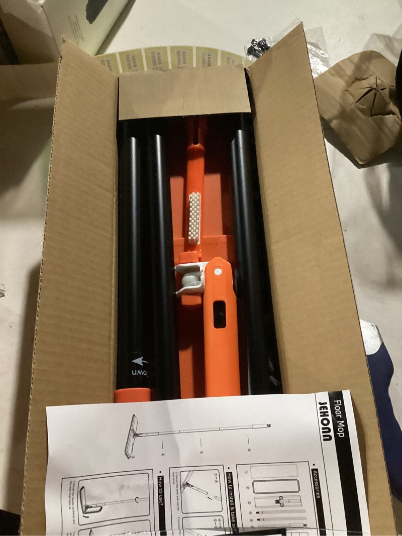 Condition photo showing New/Like New for JEHONN Dust Mop for Hardwood Floors, Broom Duster with Unique 90° Foldable Panel, 2 Chenille and 2 Microfiber Pads, Dry Wet Flat Dustmop for Cleaning Vinyl, Laminate, Tile, Marble (Orange)