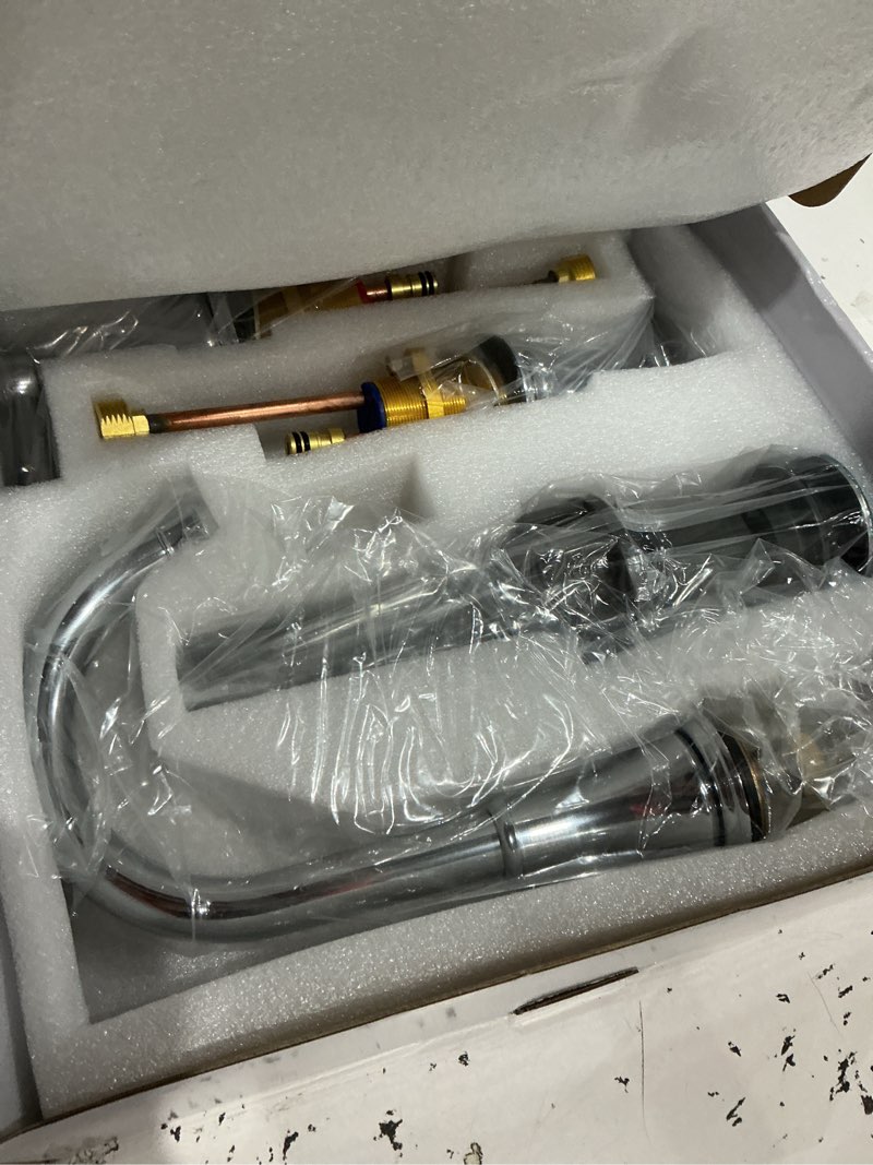 Condition photo showing Good Condition for timearrow chrome two handle 8 inch widespread bathroom sink faucet 3 holes with pop-up drain, high arc modern bathroom vanity faucet with brass 360° swivel spout,taf830y-cp chrome-830y