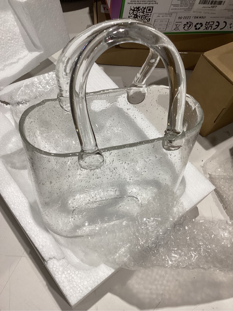 Condition photo showing Good Condition for glass vase with elegant purse design, hand purse vase with fish bowl, unique flower vase with handle and bubbles - for home decor/office/garden/wedding decor/enterpiece/events(transparent)