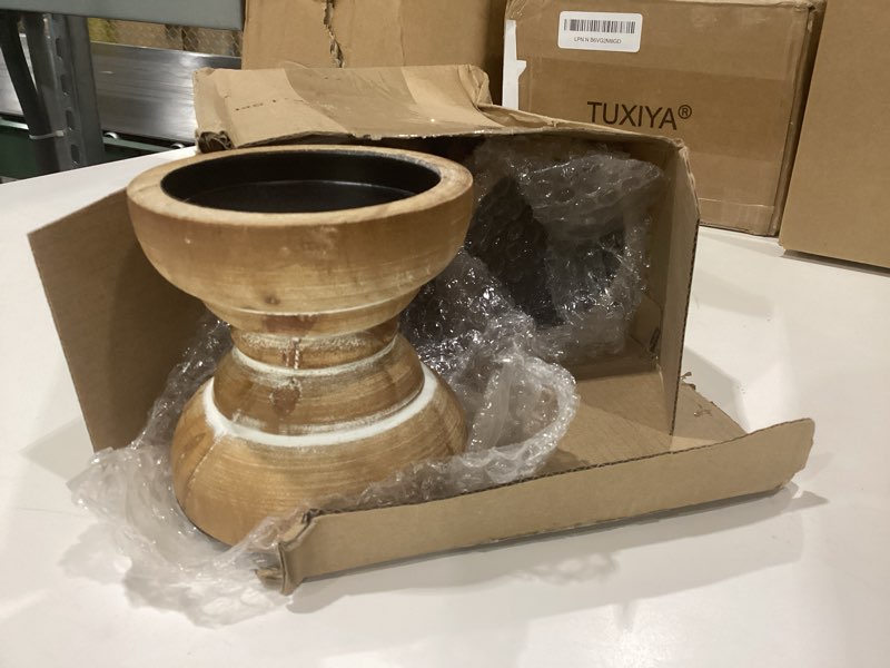 Condition photo showing New/Like New for candle holder for pillar candle set of 3, farmhouse wood candle holder, rustic wooden candle stand, vintage small wooden candlestick holdersdecorative for living room, table centerpiece (brown) washedbrown set of 3
