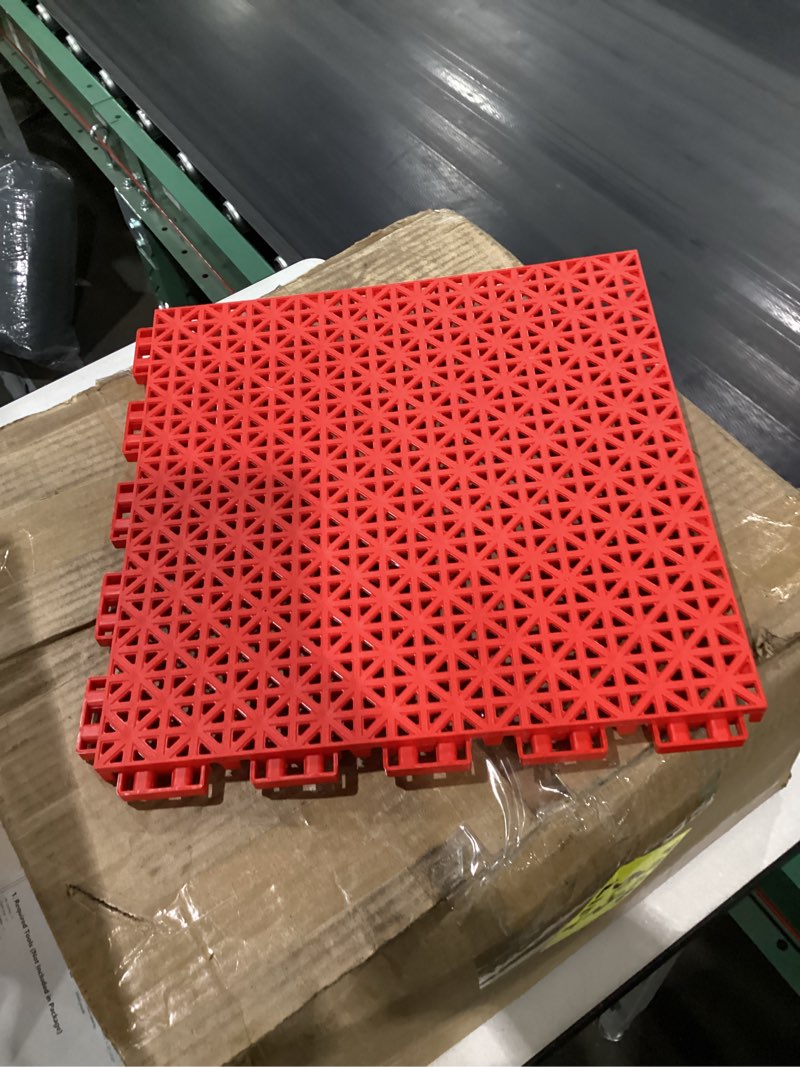 Condition photo showing Good Condition for jxgzyy 24 pcs basketball court tiles, 5/8 inch thick interlocking sport court tiles, non slip pp portable drainage mat for tennis court drain deck pool patio garage red