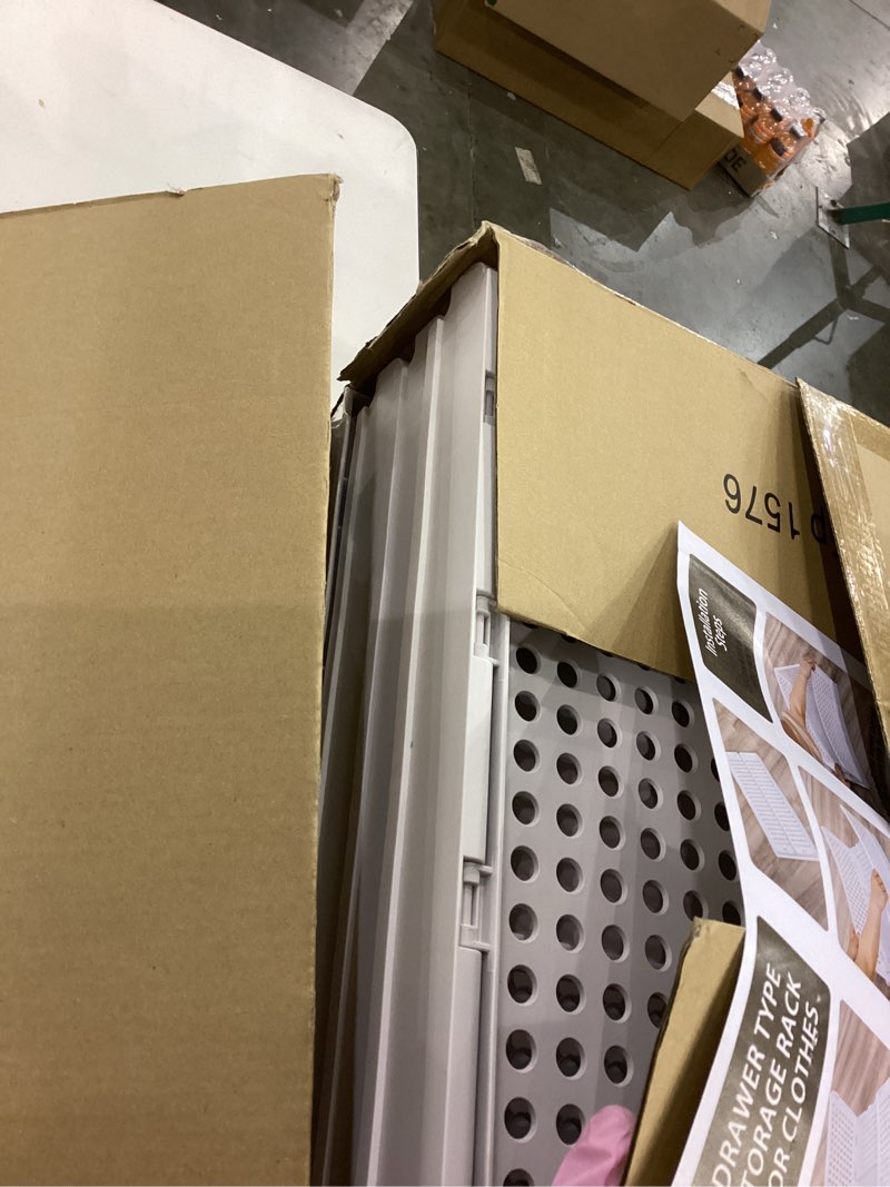 Condition photo showing As Is for SNSLXH 5 Pack Stackable Closet Storage Basket, Multifunctional & Foldable Closet Organizer for Bathroom Kitchen Laundry Room Wardrobe Storage, Space-Saving Clothes Storage Drawer Organizer, White White 5 Pack