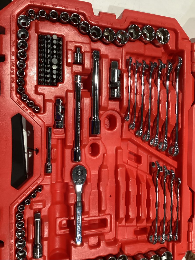 Condition photo showing As Is for craftsman mechanic tool set 189 pcs, 1/4, 3/8, 1/2 socket set with 72 tooth low profile ratchet, steel 6 and 12 point sockets, wrenches, hex keys, deep sockets, bits, metric and sae (cmmt12134) new 189 piece set