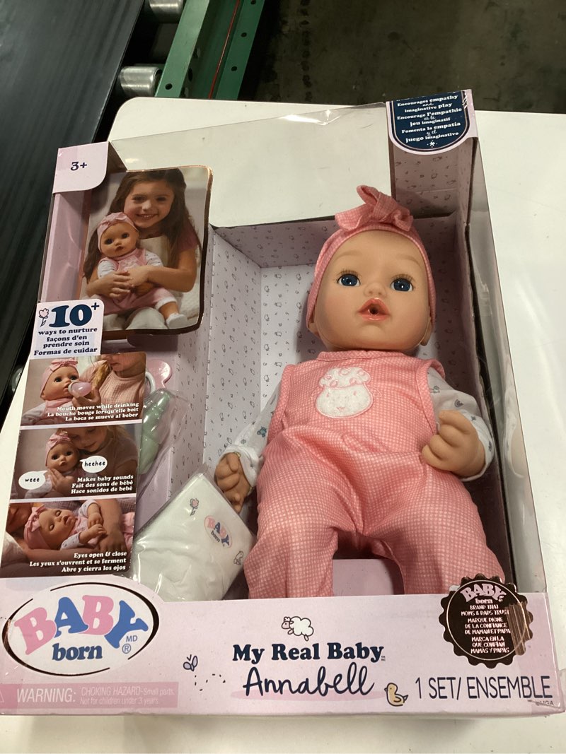 Condition photo showing New/Like New for baby born my real baby doll annabell - blue eyes: realistic soft-bodied baby doll ages 3 & up, sound effects, drinks & wets, mouth moves, cries real tears, eyes open & close, pacifier