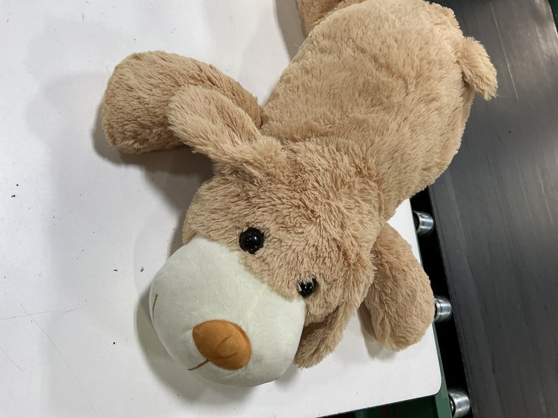 Condition photo showing Good Condition for morismos golden retriever stuffed animal, 31 inch large dog puppy plush | soft beige fur; relaxed lying pose; long cuddle-ready body; companion for reading, movie nights, room decor, and dog lovers