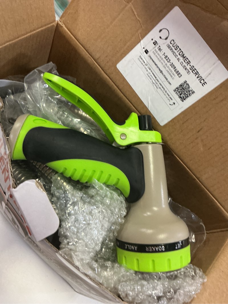 Condition photo showing New/Like New for unywarse garden hose 50ft metal water hose with 10 function nozzle no-kink | flexible, leak-proof, heavy duty, lightweight, pet proof, puncture proof stainless steel hose for yard, outdoor