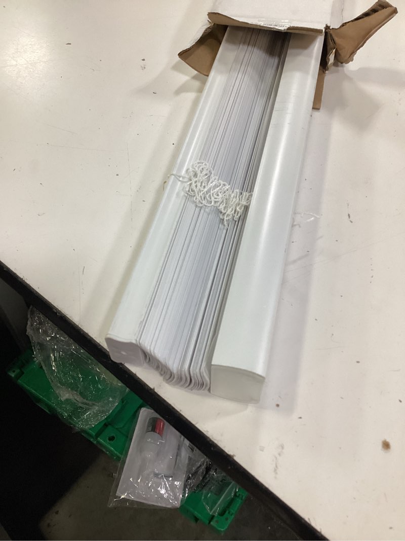 Condition photo showing As Is for source room darkening 1-in slat width 31-in x 64-in cordless white vinyl room darkening mini-blinds