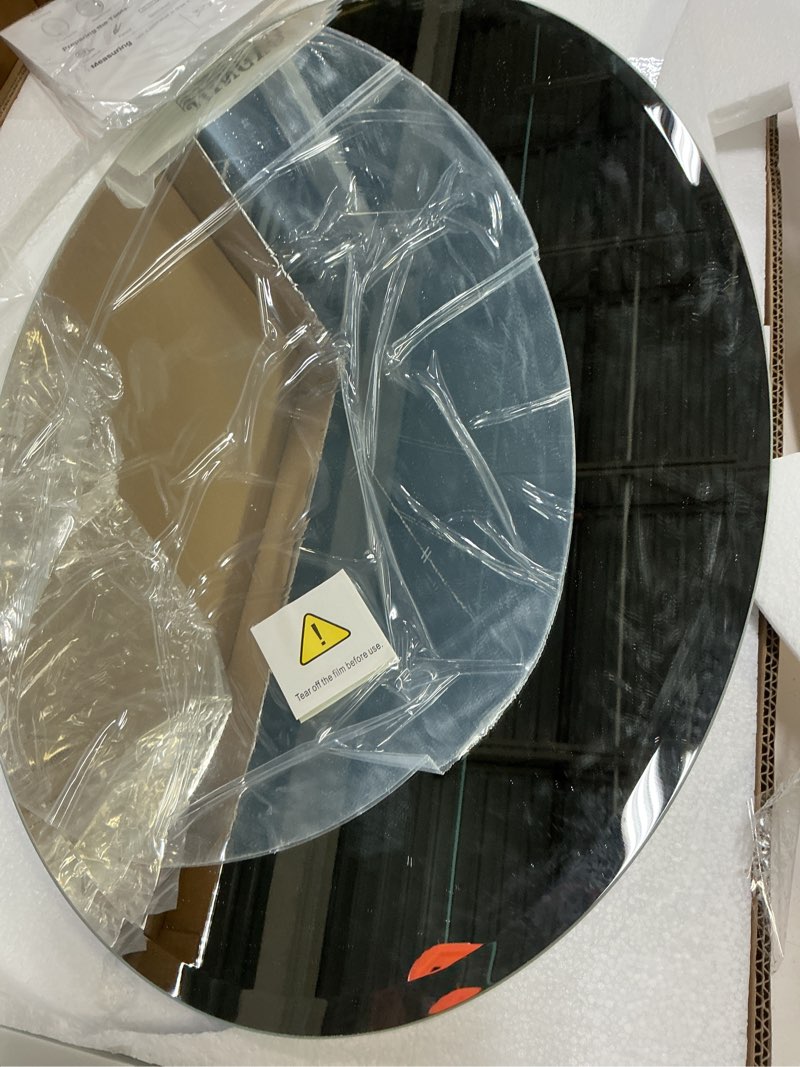 Condition photo showing Good Condition for frameless oval mirror, 16"x24" beveled oval bathroom mirrors, wall mounted vanity mirror for bedroom, entryway, living room, hangs horizontally or vertically 16"l x 24"w
