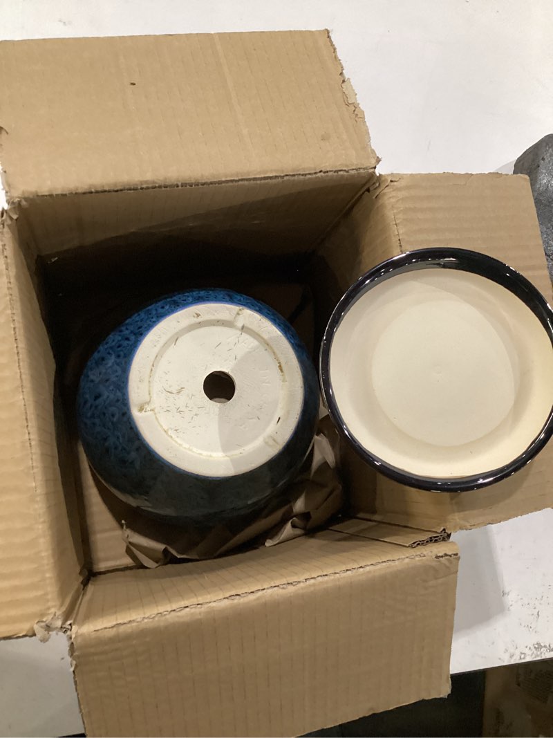 Condition photo showing New/Like New for 8 inch ceramic plant pot, ceramic planter pot for indoor outdoor plants, round flower pot with drainage hole and saucer, blue
