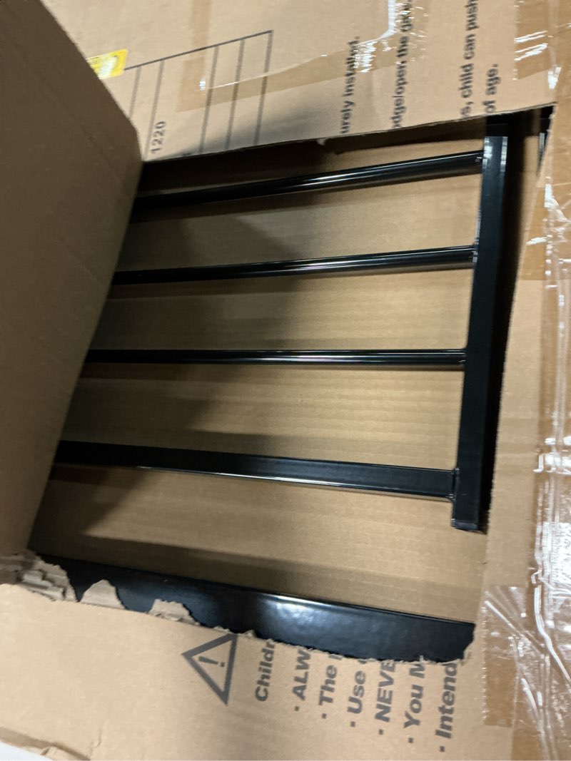 Condition photo showing As Is for narrow baby gate 24 to 29 inch wide pet gate pressure mounted no drill safety gate walk through metal child gate for kids stairs or pets indoor black 24-29 inch