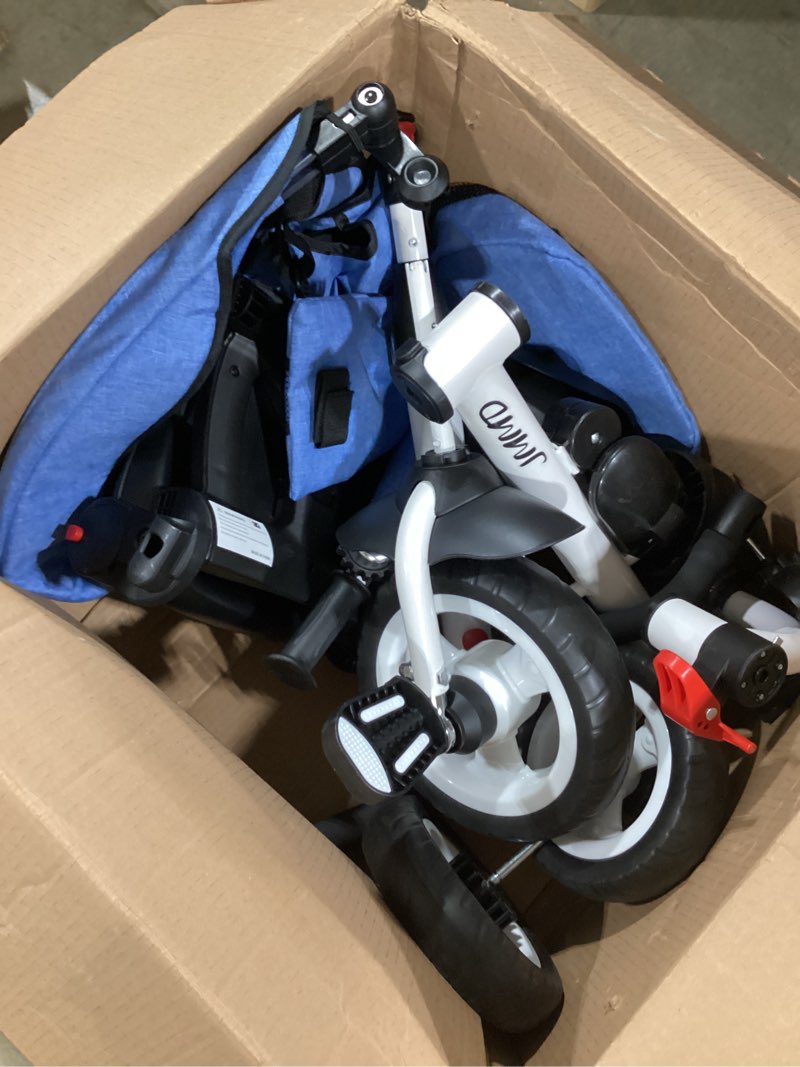 Condition photo showing Good Condition for jmmd 8 in 1 tricycle stroller with push handle, foldable trike with 360° swivel seat, reclining backrest, all-terrain wheels, dual brakes, canopy & storage, gift for kids 18 months to 5 years, blue