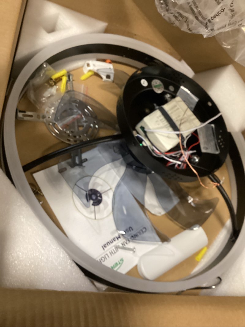 Condition photo showing As Is for sterren rgb ceiling fan with light, 20'' low profile ceiling fans, black flush mount led fan light with remote control, modern bladeless fandelier for bedroom, living room, kitchen rgb black 19.7 inch