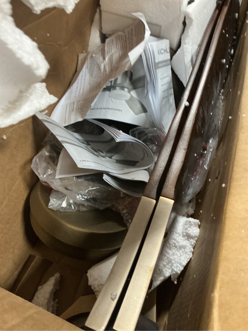 Condition photo showing As Is for Kichler Ridley II 52" Ceiling Fan and Light Kit in Natural Brass, 3-Blade LED Ceiling Fan in Cherry Finish, 3000K, (52" W x 14.5" H), 300027NBR