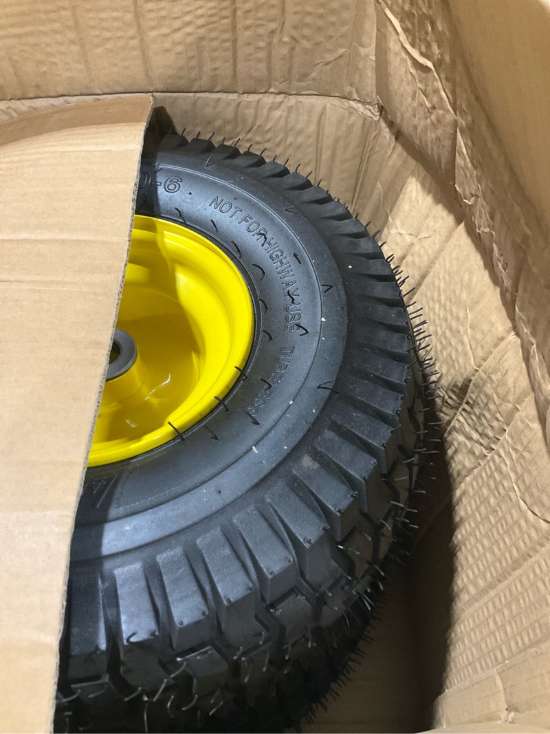 Condition photo showing Good Condition for ar-pro (2 pack) 15 x 6.00-6" tubeless tire and wheel assembly, replacement riding lawn mower front tires, compatible with john deere riding mowers and lawn tractor, 3" centered hub and 3/4" bushings 15 x 6.00-6" tubeless (centered hub) yellow