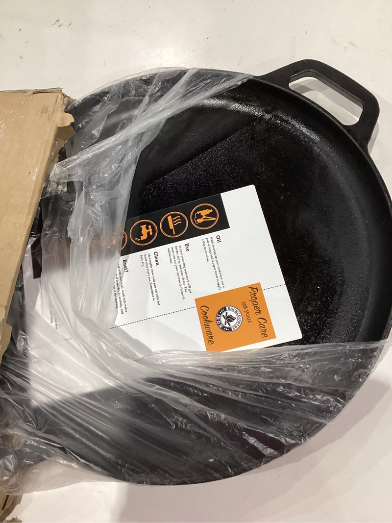 Condition photo showing As Is for cast iron pizza pan-13.25 pre-seasoned skillet for cooking, baking, grilling-durable, long lasting, even-heating kitchen cookware by classic cuisine, (82-kit1089)