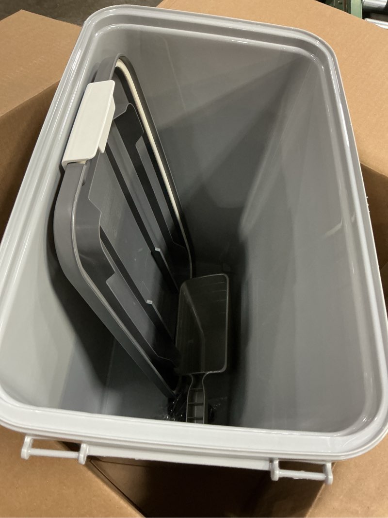 Condition photo showing Good Condition for iris usa dog food storage container with wheels, airtight lid, 2-cup scoop, up to 40 pounds pet food storage, built in scoop storage in lid, versatile pet food bin, portable, bpa free, gray/dark gray 40 lbs gray/dark gray