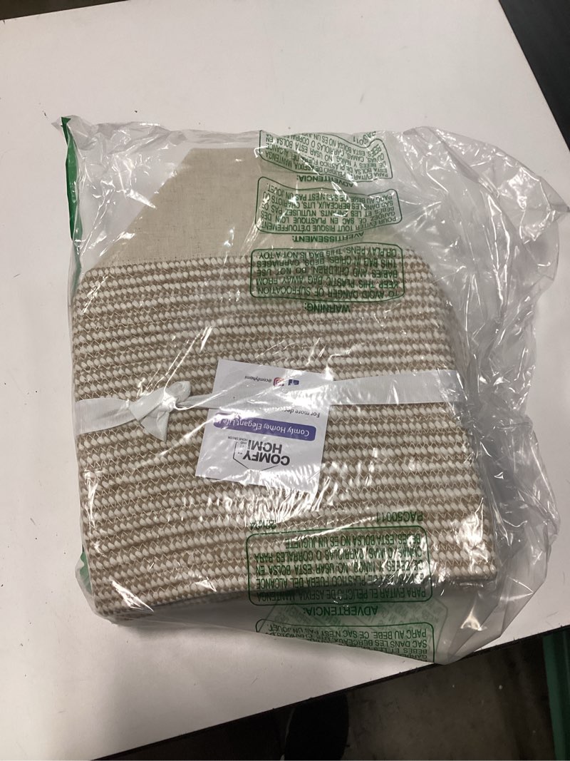 Condition photo showing New/Like New for comfy-homi 3pack small woven cotton rope basket for organizing, gift baskets for handles, empty gift baskets, medium rope basket|13.5" x 11" x 9.5" home decor for living room, bathroom 13.5" x 11" x 9.5" camel/white