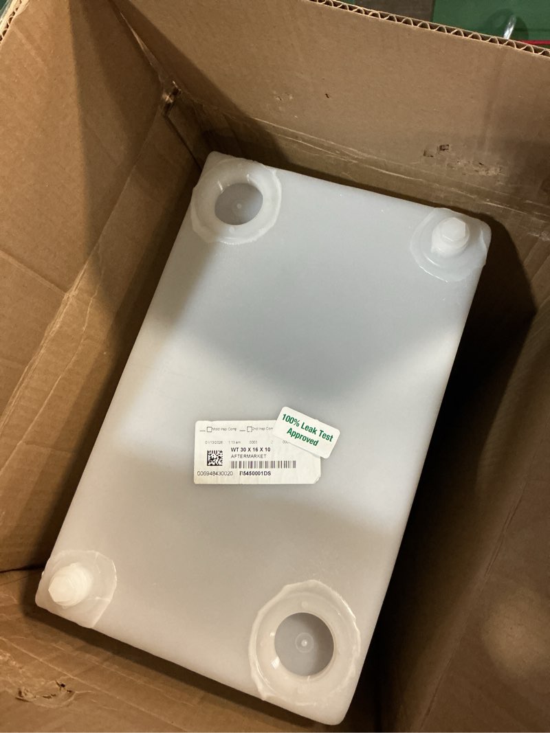 Condition photo showing As Is for 19 gallon rv fresh water tank, potable water storage tank for drinking, cooking, cleaning, showering, for campers, trailers, motorhomes, rvs, cube shape, 30" x 16" x 10" (wt-5450) cube 19 gallon (30in)