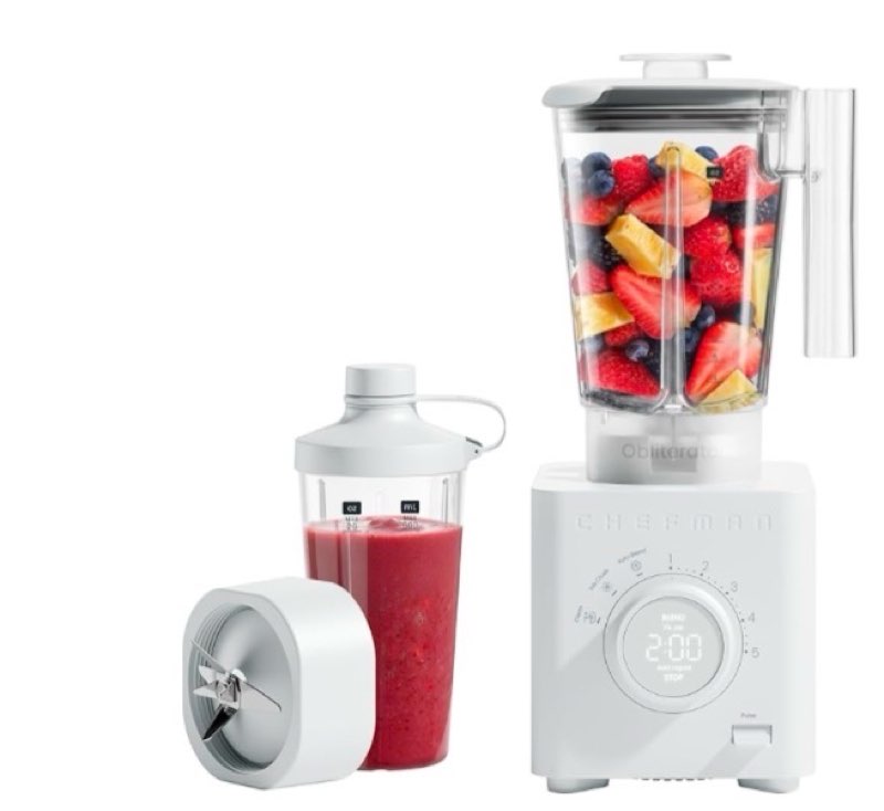 chefman obliterator 48 oz countertop blender for smoothies, 1380w motor to crush ice, nuts, and frozen fruit with stainless steel blade, auto blend function, includes 20 oz travel jar