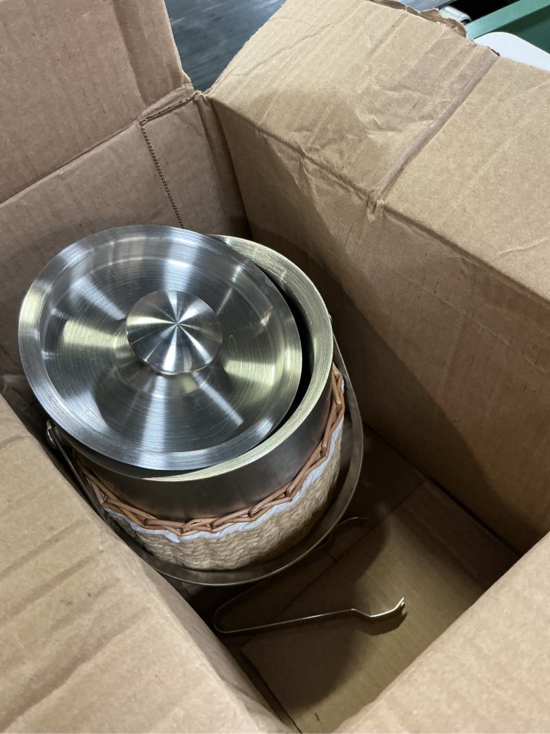 Condition photo showing Good Condition for ice bucket with lid, 2 liter stainless steel insulated ice bucket with wicker outer basket handle tongs for party bar buffet 2l