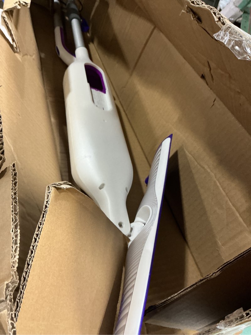 Condition photo showing As Is for swiffer powermop multi-surface mop kit for floor cleaning, fresh scent, mopping kit includes powermop, 2 mopping pad refills, 1 floor cleaning solution with fresh scent and 2 batteries purple and white