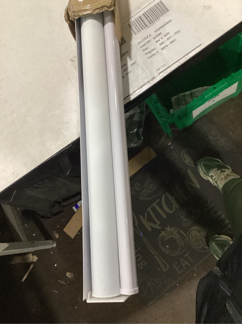 Condition photo showing Good Condition for No Drill Light Filtering Roller Shades Cordless Window Blinds for Indoor Windows, Jacquard Fabric Pull Down Blinds for Home, Kitchen, Living Room, Office, Custom Size, White