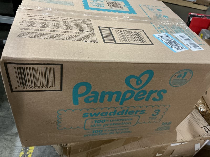Condition photo showing New/Like New for pampers swaddlers diapers, size 3 (13-26 lbs), 168 count, absorbent, keeps baby dry and comfortable, skin safe disposable baby diaper size 3 168