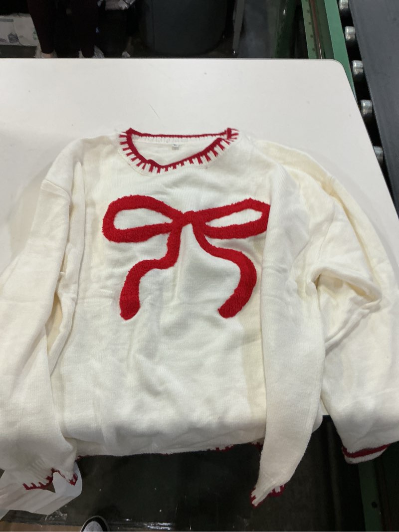 Condition photo showing Good Condition for MakeMeChic Women's Bow Knot Sweater Contrast Binding Long Sleeve Round Neck Pullover Knit Tops X-Large White