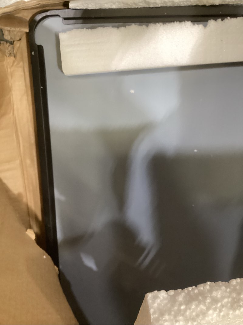 Condition photo showing As Is for weer black bathroom mirror for wall 60x30 inch, rectangular black metal framed vanity mirror, farmhouse matte black mirror with tempered glass, rounded corner, anti-rust (horizontal/vertical) black 60"l x 30"w