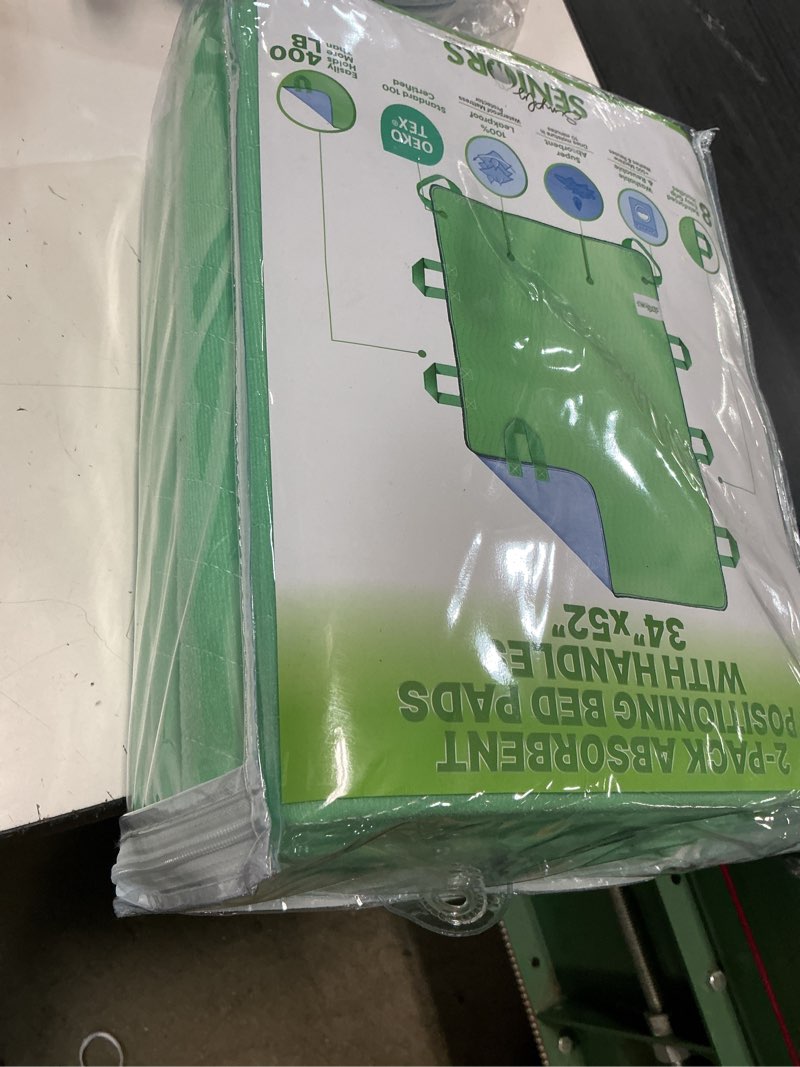 Condition photo showing New/Like New for absorbent positioning bed pads for elderly with 8 handles 34"x52"- 2 pack of washable waterproof incontinence draw sheets - reusable bed mobility under pads for seniors disabled & bedridden patients green 34x52 - 8 handles 2-pack