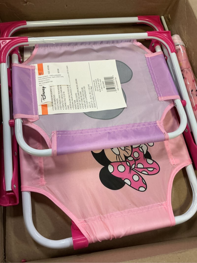 Condition photo showing New/Like New for Disney Minnie Mouse Kids Beach Chair with Umbrella,Foldable Portable Toddler Chair with Armrests, Locking Mechanism & Sun Shade