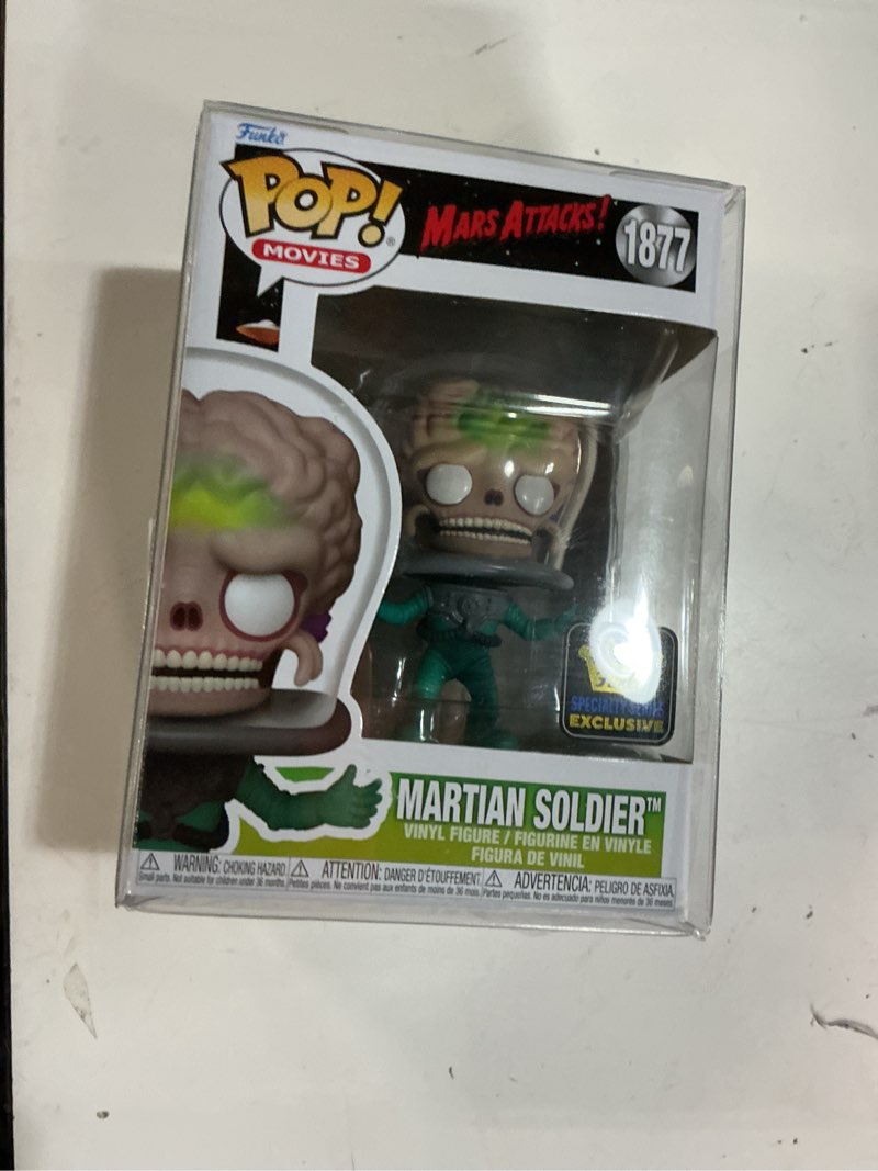 Condition photo showing New/Like New for pop movies: mars attacks - martian soldier specialty series exclusive funko vinyl figure (bundled with compatible box protector case), multicolor, 3.75 inches