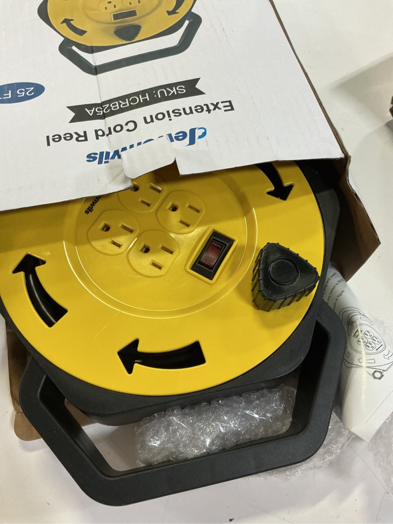 Condition photo showing Good Condition for dewenwils extension cord reel with 25 ft power cord, hand wind retractable, 16/3 awg sjtw, 4 grounded outlets, 13 amp circuit breaker, yellow, black, ul listed yellow+black cord