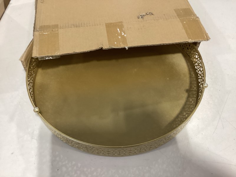Condition photo showing As Is for cake stand, metal round cupcake dessert stand cake display holder cookies fruit serving tray decor for wedding party birthday baby showers anniversary (16in, gold) gold 16in