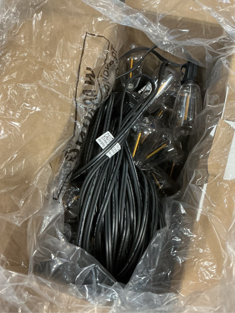 Condition photo showing Good Condition for brightever led outdoor string lights 100ft patio lights with 52 shatterproof st38 vintage edison bulbs, outside hanging light waterproof for porch, deck, garden, backyard, balcony, 2700k dimmable black wire 100ft-warm white