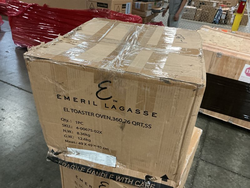 Condition photo showing As Is for Dan - Emeril Lagasse Extra Large French Door Air Fryer Toaster Oven Combo, 24 Cooking Functions and Digital Controls, 7 Accessories Included, Stainless Steel Finish, 26QT Capacity