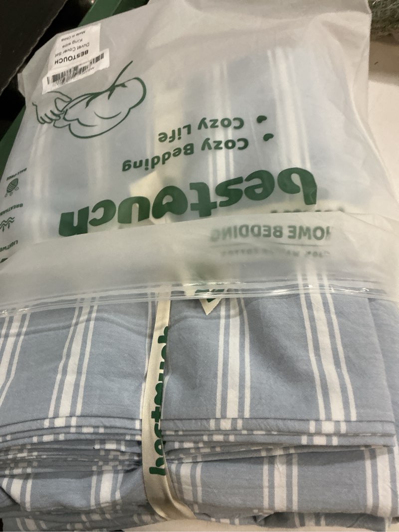 Condition photo showing Good Condition for bestouch duvet cover set 100% washed cotton linen feel super soft comfortable chic lightweight 3 pcs home bedding set cornflower blue & white stripes king stripes - cornflower blue/ white (no comforter) king (104" x 90")