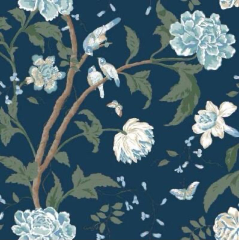 Wallpaper Designer Traditional Jacobean Floral With Birds on Blue, 27inx27ft 
