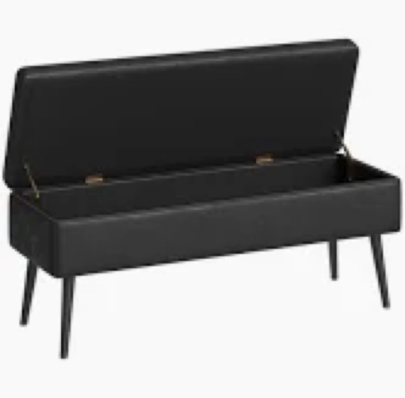 Ottoman with Storage Bench, End of Bed Bench with Flipping Lid, Mid-Century Modern & Faux Leather with Stitching, Loads 660 lb, for Living Room, Bedroom, Entryway, black 43.3\" Long black