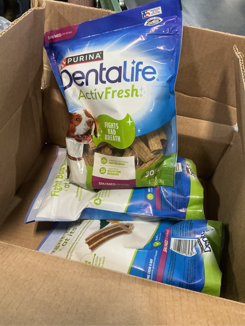 Condition photo showing New/Like New for (best if used by:oct /2026) dentalife activfresh dog chews for small and medium dogs., dental to freshen breath, chicken flavor, 15.5 oz., 21-21 ct. pouch (pack of 3)