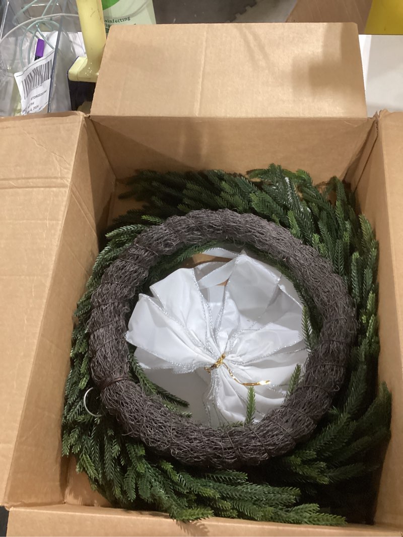 Condition photo showing Good Condition for Artgar 26 Inch Pine Wreath - Christmas Wreaths for Front Door - Real Touch Pine Wreath - Large Artificial Green Wreaths for Walls Windows Porches Farmhouse Indoor Outdoor Home Decor Style-1