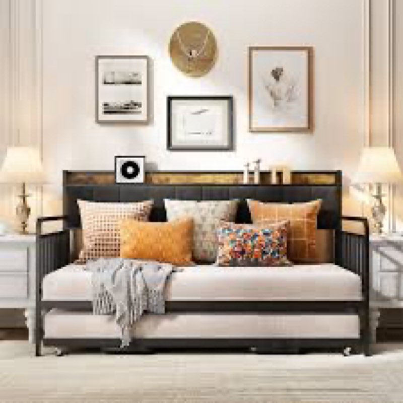 ((Incomplete ))Twin Day Bed With Trundle Guest Bed With Outlet&Led Lights Storage Headboard, Metal Platform Bed Frame For Living Room, Bedroom