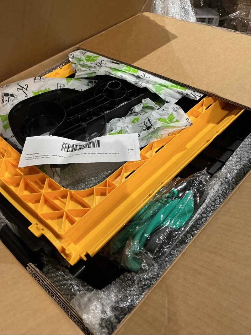 Condition photo showing Good Condition for 53 gal. large tumbling compost bin with dual sliding chambers