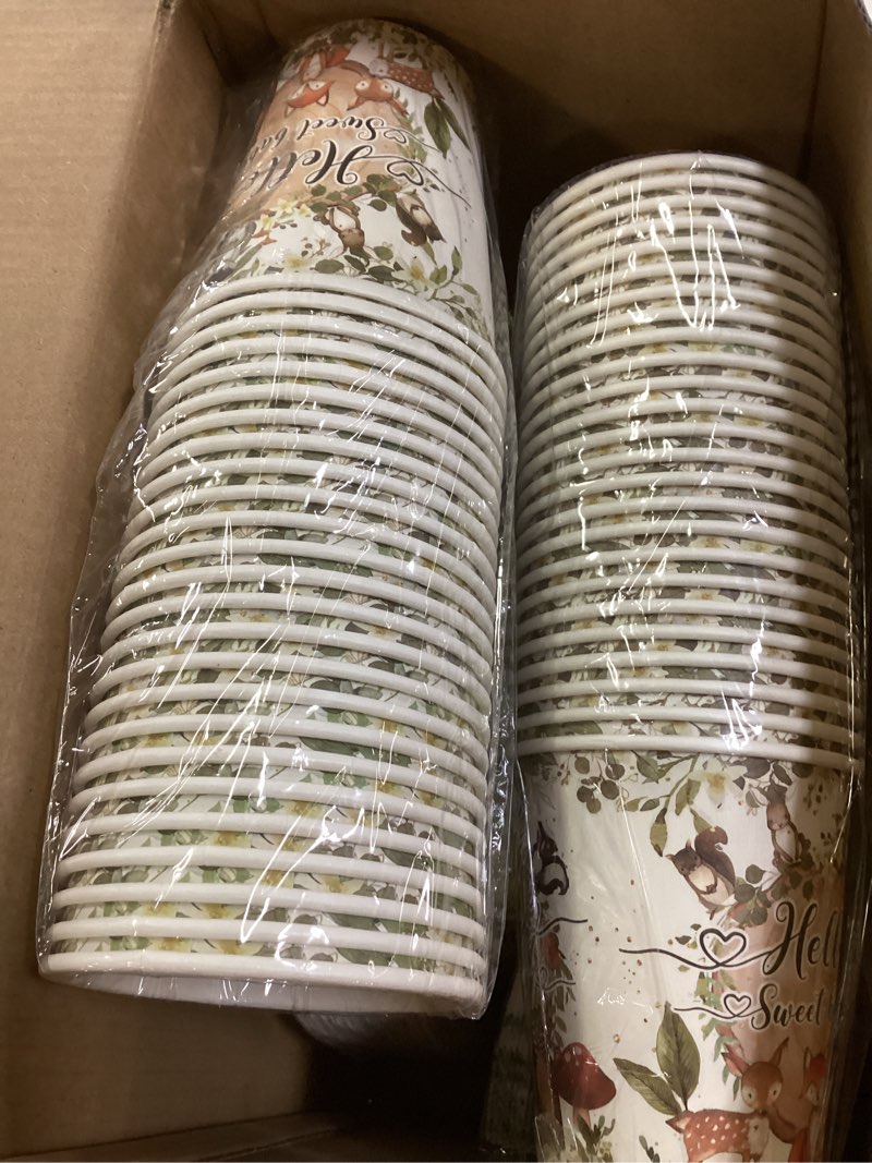 Condition photo showing New/Like New for 350 pieces woodland baby shower decorations set serves 50 guests, forest theme party supplies tableware with plates, cups, napkins, disposable tableware