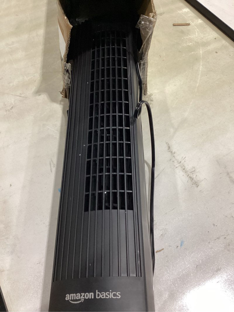 Condition photo showing Good Condition for amazon basics 28" 60-degree oscillating tower fan with powerful airflow for bedroom, living room, office, 3 speeds, mechanical control, air circulator, 35w, 27.8"h x 9.4"d x 9.4"w, black 28" - mechanical control