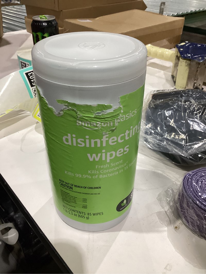Condition photo showing As Is for Amazon Basics Disinfecting Wipes, Fresh Scent, Sanitizes/Cleans/Disinfects/Deodorizes, 85 Count