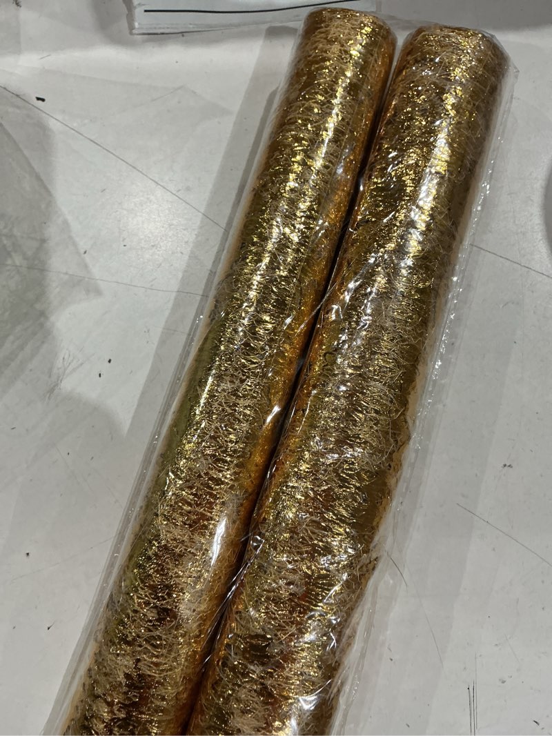 Condition photo showing As Is for snowkingdom 2 pieces gold table runner, sequin glitter foil metallic thin mesh runner roll 11"x108", gold table decorations for event party, wedding, birthday party, christmas gold 9ftx2
