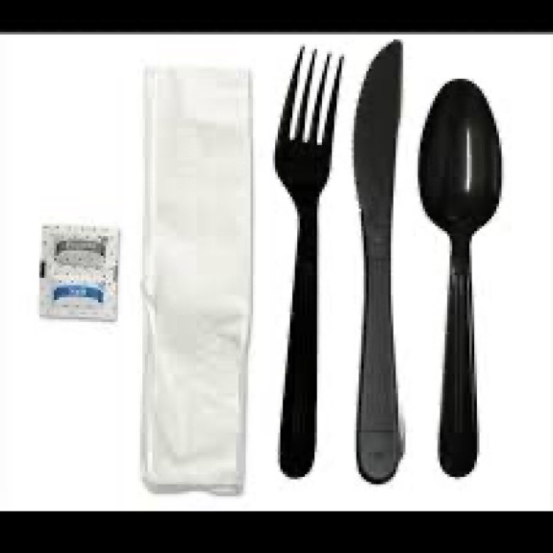 wna 611968 6-piece cutlery kit, 15\" x 13-1/2\" 1-ply napkin, heavy black styrene knife-fork-spoon (ca