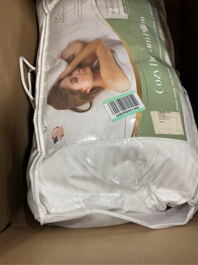 Condition photo showing As Is for East Coast Bedding Cozy Dream Goose Feather and Down Pillows - RDS Certified, 100% Cotton Cover, Hot