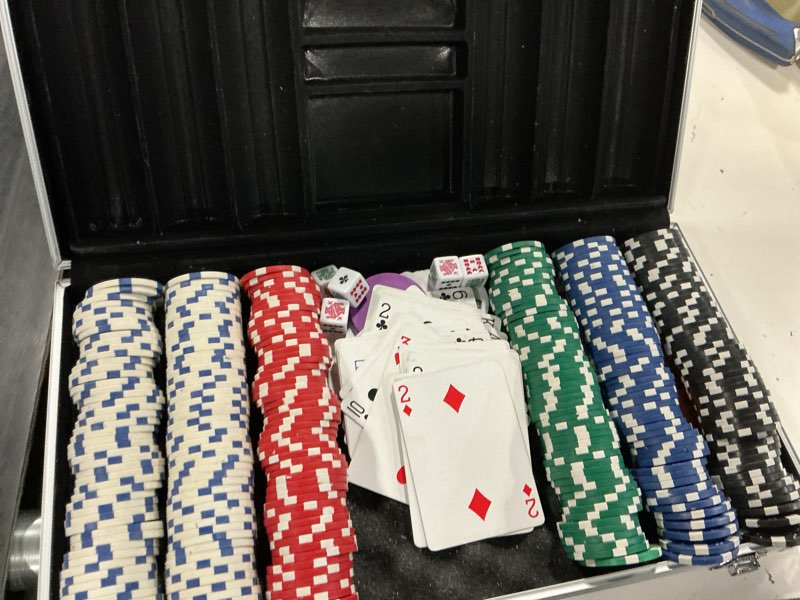 Condition photo showing As Is for spin master games, cardinal classics, 300-piece poker set with aluminum carrying case & professional weight chips & poker dice, for ages 8+